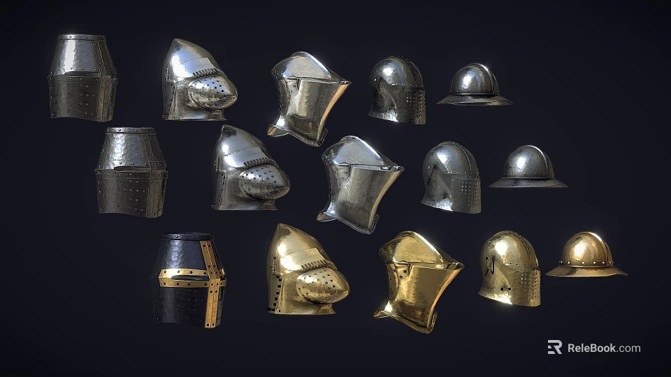 Silver and Gold Medieval Helmets Arranged on Dark Background 3d model
