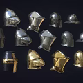 Silver and Gold Medieval Helmets Arranged on Dark Background 3d model