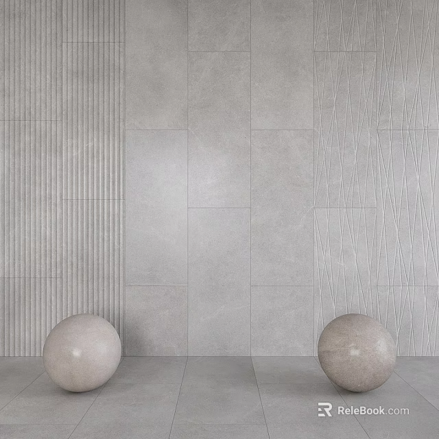 Gray Wall Tiles With Varied Textures And Round Stone Ball Ornaments On Light Floor 3d model 