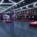 Modern Gym Interior With Fitness Equipment Red Accents And Neon Lighting
