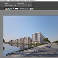 Modern White Office Building With Many Windows Along The Lake Featuring Trees Road And Car