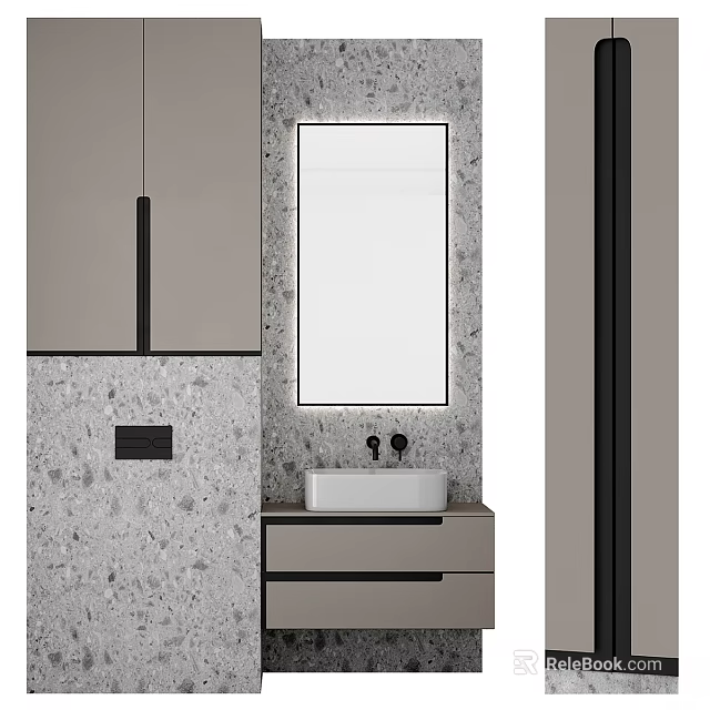 Modern Bathroom Washbasin Vanity With Rectangular Mirror Ceramic Countertop And Stone Wall 3d model