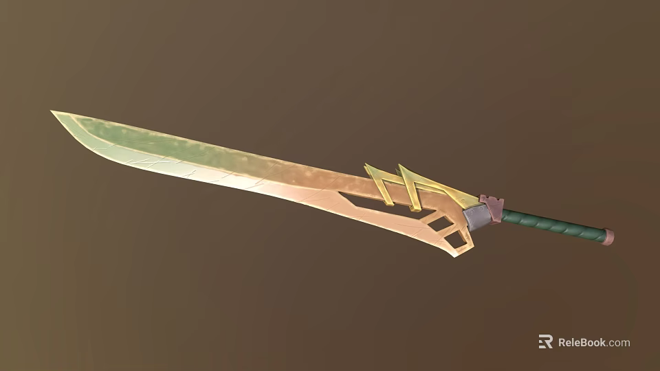 Ornate Fantasy Sword With Golden Lightning Accents Green Handle And Shiny Blade Design 3d model 