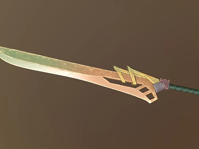 Ornate Fantasy Sword With Golden Lightning Accents Green Handle And Shiny Blade Design 3d model