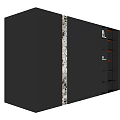 Modern Black Decorative Cabinet With Striped Panels Glass Doors And Interior Shelves