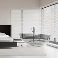 Modern Minimalist Bedroom Interior With White Walls Black Headboard Transparent Bathtub And Blinds