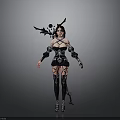 Female Fantasy Character In Black Detailed Costume With Winged Accessories And Purple Gem