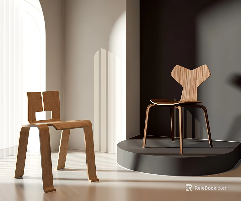 Modern Wooden Leisure Chairs With Unique Backrest Design In Bright Minimalist Interior 3d model 