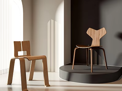 Modern Wooden Leisure Chairs With Unique Backrest Design In Bright Minimalist Interior 3d model