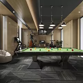 Modern Billiard Room Interior With Green Pool Table Colored Balls Hanging Lights And Comfortable Seating 3d model