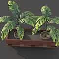 Two Bonsai Potted Plants In Wooden Rectangular Planter With Green Leaves 3d model