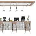 Modern Wooden Bar Counter With Pendant Lights Coffee Machines Plants Fruits And Bar Stools