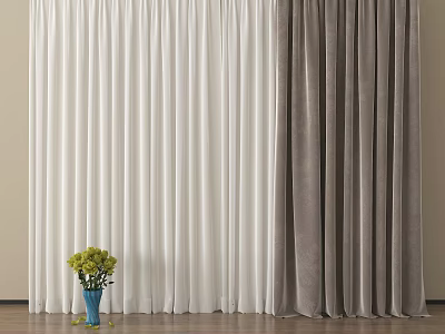 White and Gray Velvet Curtains in Room with Blue Vase and Green Flowers 3d model