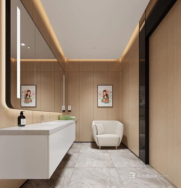 Modern Bathroom With Wooden Walls Mirror Washbasin And Armchair 3d model 