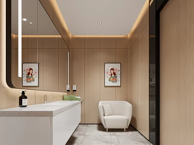 Modern Bathroom With Wooden Walls Mirror Washbasin And Armchair 3d model