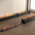 Modern Black Linear Fireplaces with Realistic Flames Burning on Wooden Floor Near Window