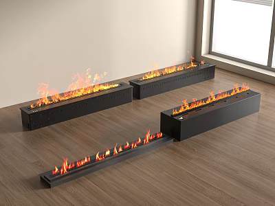 Modern Black Linear Fireplaces with Realistic Flames Burning on Wooden Floor Near Window 3d model