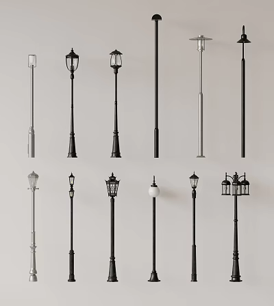 Outdoor Lights Various Styles Lamp Posts In Black And Silver Designs 3d model Outdoor Lights Various Styles Lamp Posts In Black And Silver Designs 3d model