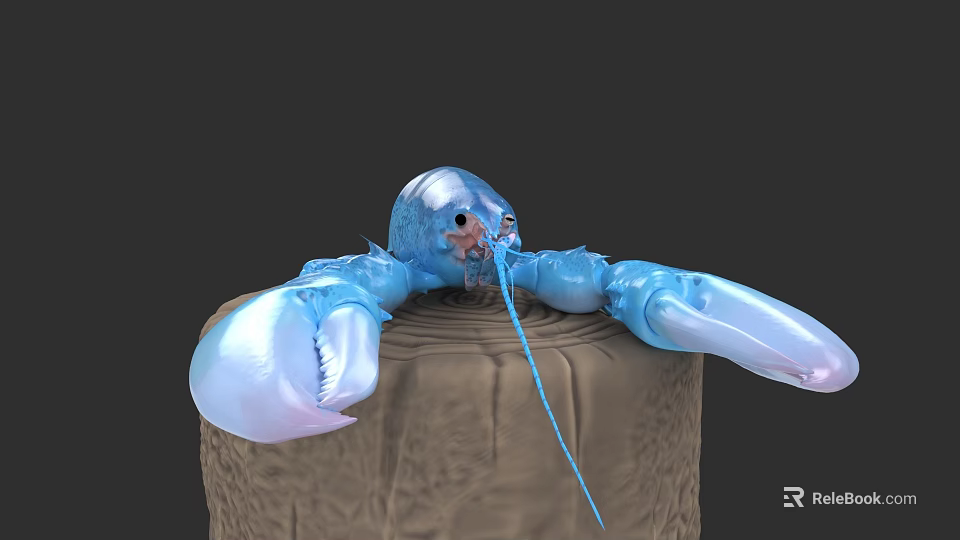 Blue Aquatic Lobster With Large Claws On Tree Stump And Long Antennae 3d model 