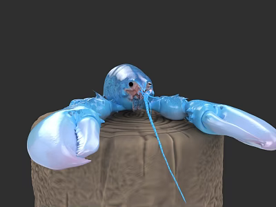 Blue Aquatic Lobster With Large Claws On Tree Stump And Long Antennae 3d model