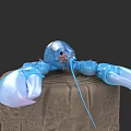 Blue Aquatic Lobster With Large Claws On Tree Stump And Long Antennae
