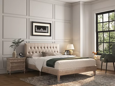 Tufted Beige Double Bed with Wooden Frame Nightstand Lamp Framed Art and White Paneled Walls 3d model