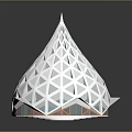 Modern Geometric White Conical Architectural Structure With Triangular Patterns And Orange Base