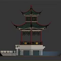 Cartoon Style Chinese Traditional Pavilion On Water Surface With Lotus Flowers And Stone Steps