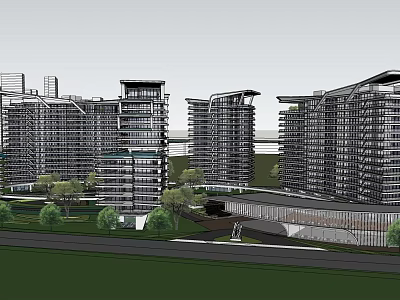 Modern High Rise Residential Buildings With Glass Curtain Walls Balconies Green Spaces And Roadways 3d model