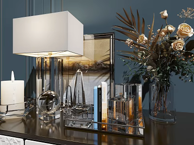 Elegant Decorative Ornaments Set with Table Lamp Candle and Flower Vase on Dark Table 3d model