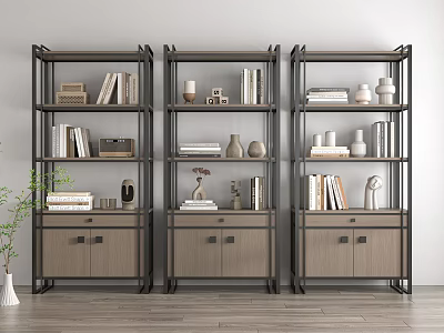 Modern Storage Shelving Units With Wood Metal Frame Books Vases And Decor 3d model