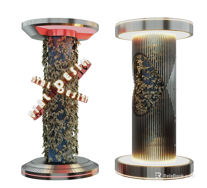 Decorative Pillars Featuring Plant Covered Surface Red Lighting And Metallic Vertical Stripes 3d model 