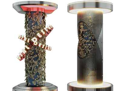 Decorative Pillars Featuring Plant Covered Surface Red Lighting And Metallic Vertical Stripes 3d model