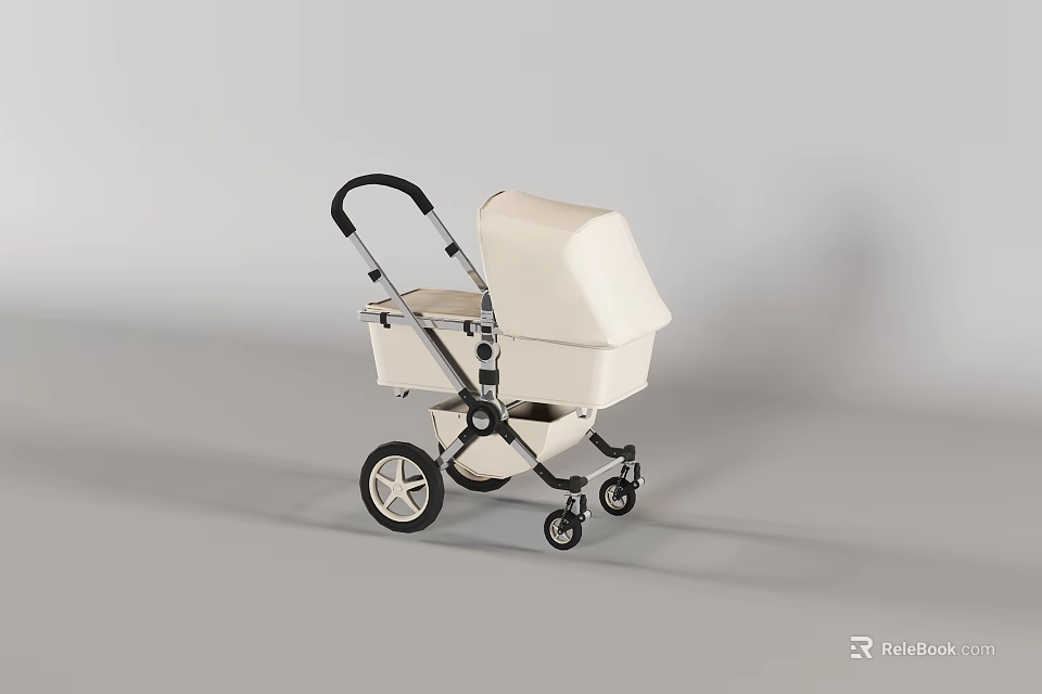 Modern Beige Baby Stroller With Black Frame And Four Wheels Design 3d model 