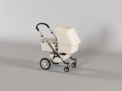 Modern Beige Baby Stroller With Black Frame And Four Wheels Design 3d model