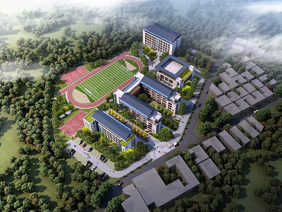 Modern School Campus With Classroom Buildings Sports Field And Green Trees 3d model