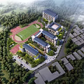 Modern School Campus With Classroom Buildings Sports Field And Green Trees