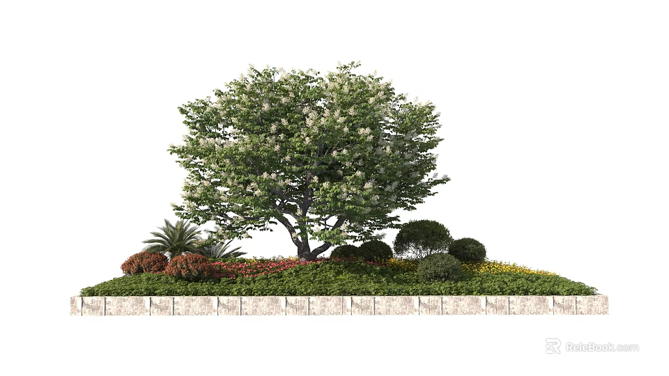 Beautiful Garden Landscape With Large Tree Shrubs Flowers And Stone Wall 3d model 