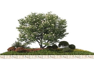 Beautiful Garden Landscape With Large Tree Shrubs Flowers And Stone Wall 3d model