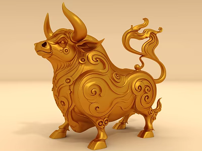 Ornate Golden Ox Sculpture With Intricate Swirl Patterns And Decorative Details 3d model
