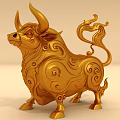 Ornate Golden Ox Sculpture With Intricate Swirl Patterns And Decorative Details