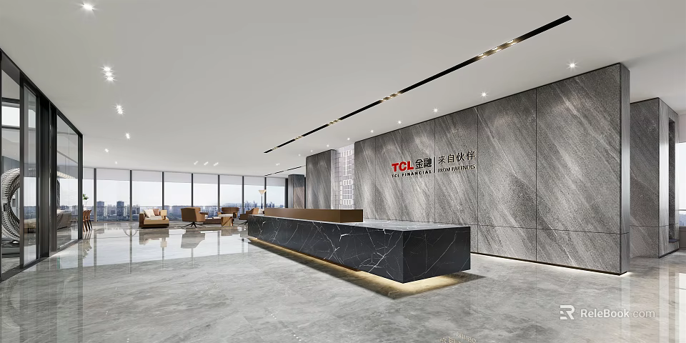 Modern Office Front Desk Reception Area With Black Counter And Marble Wall Design 3d model 