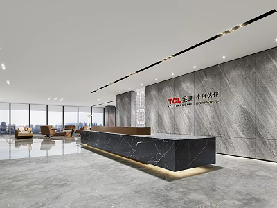 Modern Office Front Desk Reception Area With Black Counter And Marble Wall Design 3d model