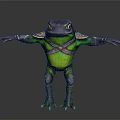 3D Frog Character With Green Body Armored Design Yellow Eyes And Outstretched Limbs