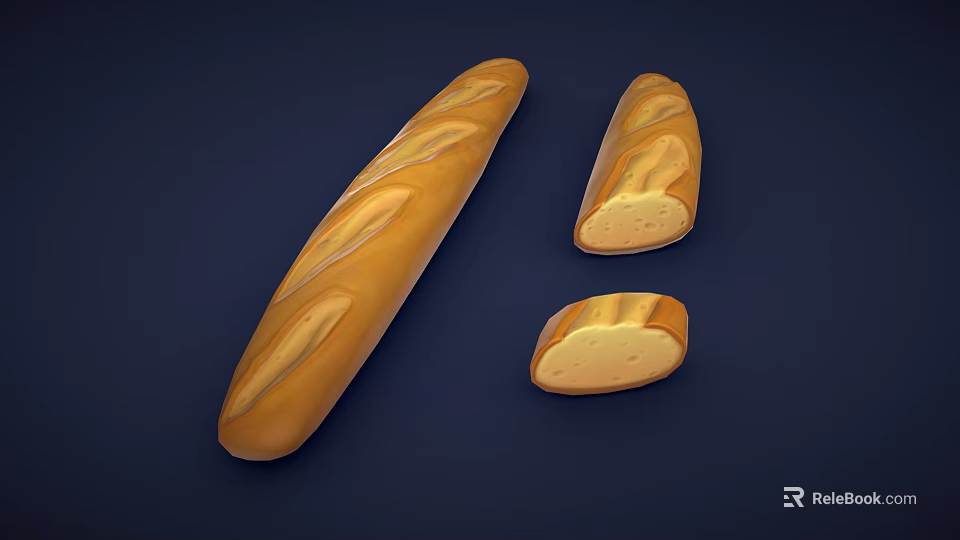 Fresh Golden Baguette Bread with Sliced Pieces and Soft Interior 3d model 