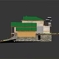 Cartoon Style House Scene With Green Roof Wooden Structure And Lawn Steps