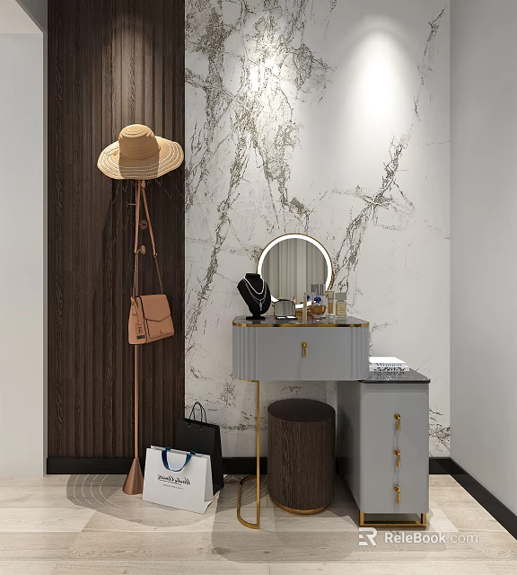 Modern Dressing Table with Round Mirror Marble Wall Stool Hat and Cosmetic Accessories 3d model
