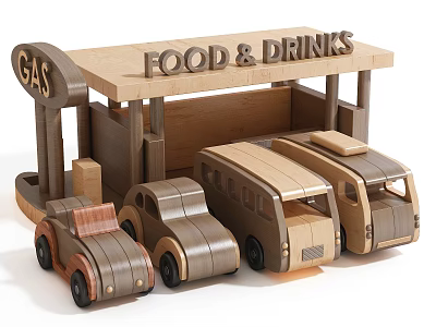 Wooden Toy Doll Set Featuring Food Drinks Kiosk Gas Station And Cars Bus Van 3d model