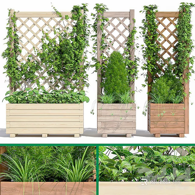 Garden Decor with Wooden Planters Trellis Climbing Vines and Green Plants 3d model 