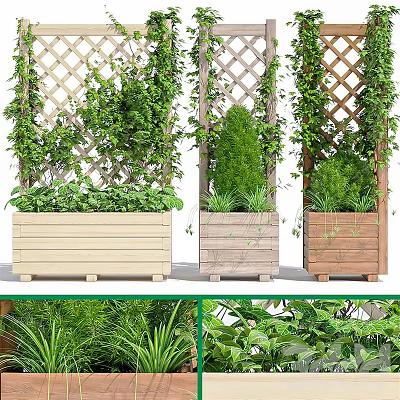 Garden Decor with Wooden Planters Trellis Climbing Vines and Green Plants 3d model